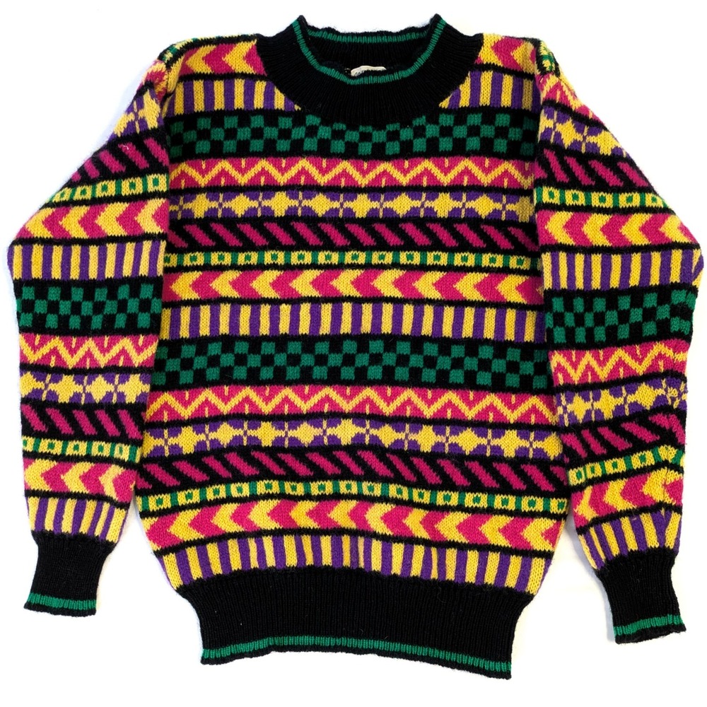 Vintage de rotchild Wool Sweater Geometric Multi-Color Crewneck Mens Small Macau